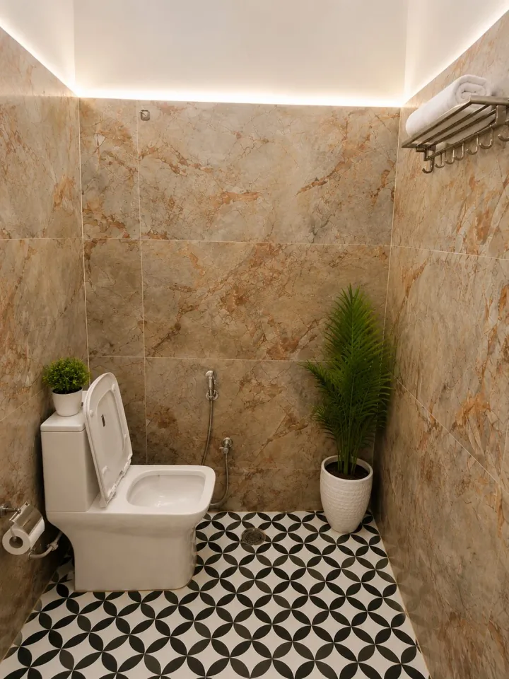 Designer en-suite bathroom with geometric black-and-white floor tiling, marble wall tiles, Western commode, and towel rack