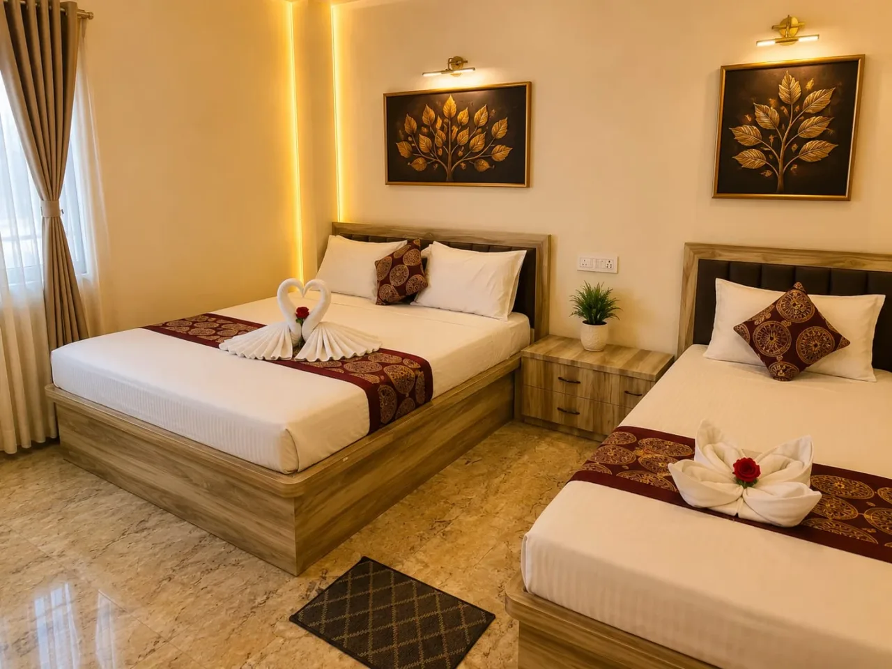 Guest bedroom suite with warm accent lighting, dual double beds, wooden side tables, and twin embossed tree art panels