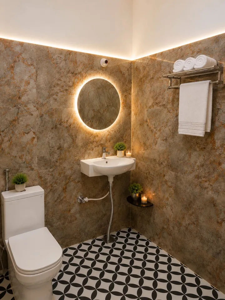 En-suite bathroom featuring backlit round LED vanity mirror, washbasin, modern commode, and geometric tile flooring