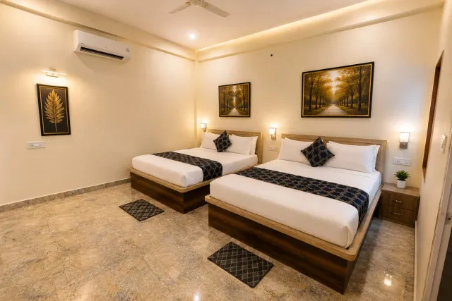 Spacious guest room featuring twin beds with upholstered headboards, split AC, ceiling fan, and golden botanical wall art