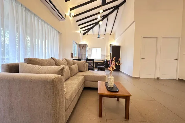 Spacious open-plan living room with vaulted cathedral timber ceiling, L-shaped sectional sofa, and pendant lighting
